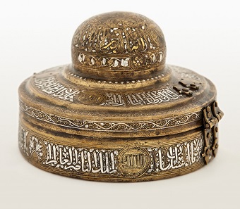 Incense Box. Egypt or Syria, 14th century. Brass, gold, silver, and black compound. H. 2 7/8 in. (7.5 cm), Diam. 41/2 in. (11.5 cm). Museum of Islamic Art, Doha (MW.468.2007). Image: The Museum of Islamic Art, Doha.