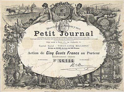 Share certificate of Le Petit Journal Action de 500 Francs, 1896. Design by Meyer and engraving by Meaulle. The sou appears in the design of the lower border, but also twice in the underprint.