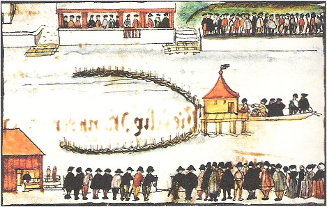 Felix Manz is drowned in the Limmat River. Image from the beginning of the 17th century.