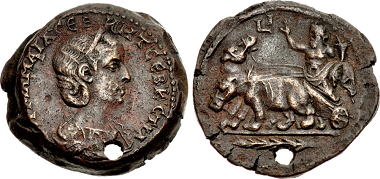 Lot 483: Unpublished Julia Mamaea Drachm with Nilus in Hippopotamus Biga. Estimate 3,500 USD. Realized: 9,500.