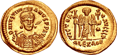 Lot 1043: Extremely Rare Alexandria Mint Solidus of Justinian I. Estimate: 50,000 USD. Realized: 85,000 USD.