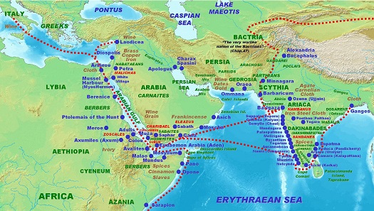 The commercial route to India in Roman times, as described by the Periplus of the Erythraean Sea in 1st century AD. Map: PHGCOM. GNU / CC4.0