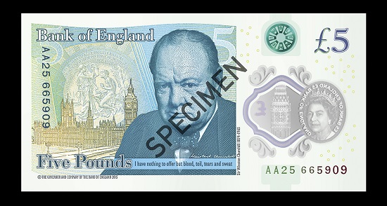 The Bank of England's newest note, the polymer £5, which launched on 13 Sept 2016. Photo: © Bank of England Museum.