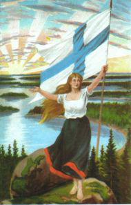 A symbol of national independence: Maiden of Finland and the blue and white flag.