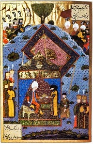 Suleiman the Magnificent passes the crown of Hungary to John Szapolyai. Contemporary Turkish miniature.