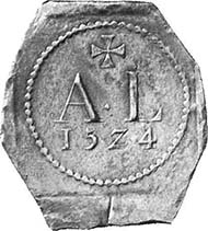 Siege money from Pavia. Ducat 1524, minted under Antonio De Leyva. A L, above cross, below year. Maillet 360, 1; pl. XCIII Pavie 1. From a German private collection.