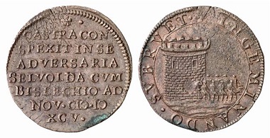 Dordrecht / Netherlands. Counter 1595 on the battle of Bislich. On the reverse, a raiding patrol is trying to breach the fortified tower, using a ram bow. From Baums Collection, Künker sale 116 (2016), No. 4246.