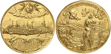 Schaffhausen. Gold medal of 20 ducats no date (second half of the 17th century). On the obverse, you can see a panorama of the city as seen from the right Rhine riverbank. At the very right, the fortress Munot. From Künker sale 285 (2017), No. 135.