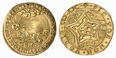 Saint Andre / Gelderland / Netherlands. Gold jeton around 1600. On the reverse: ideal fortification. From Baums Collection, Künker sale 116 (2006), No. 4229.