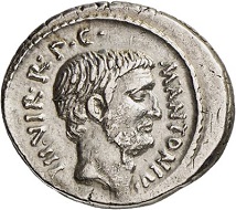 Lot 321: Roman Republic. Marc Antony. Denarius, 42. Cr. 494/17. From Hannelore Scheiner Coll. Very fine to extremely fine. Estimate: 2,000,- euros. Hammer price: 18,000,- euros.