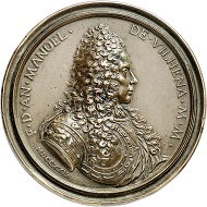 Lot 1934: Malta. António Manoel de Vilhena, 1722-1736. Cast bronze medal 1729 by Benzi on the Pope presenting a blessed sword and a helmet. Cast of the time. Very fine. Estimate: 500,- euros. Hammer price: 12,000,- euros.