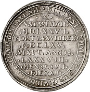 Lot 3109: Braunschweig-Harburg. Reichstaler 1665 on the death of Katharina Sophia, last descendant of the House of Harburg. Reichstaler 1665, presumably Kassel. Extremely rare. Extremely fine. Estimate: 7,500,- euros. Hammer price: 30,000,- euros.