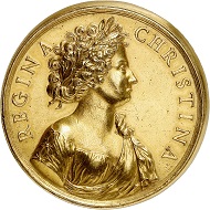 Lot 5172: Sweden. Christina, 1632-1654. Gold medal of 40 ducats no date (around 1685), unsigned (by Giovanni Battista Guglielmada). From the actor and director Sascha Guitry Collection, Bourgey sale (1963), No. 137. Extremely rare. Extremely fine. Estimate: 50,000,- euros. Hammer price: 75,000,- euros.