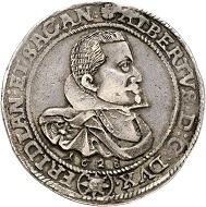 Lot 6849: Albrecht von Wallenstein, 1623-1634. Duke of Friedland. Reichstaler 1628, Gitschin. Extremely rare variant. Good very fine. Estimate: 20,000,- euros. Hammer price: 32,000,- euros.