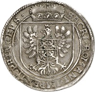 Lot 6849: Albrecht von Wallenstein, 1623-1634. Duke of Friedland. Reichstaler 1628, Gitschin. Extremely rare variant. Good very fine. Estimate: 20,000,- euros. Hammer price: 32,000,- euros.