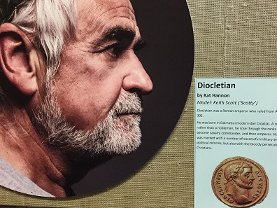 Recreation of a portrait bust of Diocletian next to an image of the coin that inspired it. Photo: Henry Flynn.
