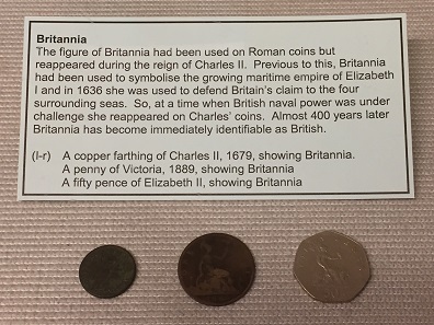 An example of the many links made between the ancient and modern periods using coinage, in this case the depiction of Britannia. Photo: Henry Flynn.