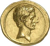 No. 381. Augustus. Aureus, 29 B. C., Rom. RIC 261. Calicó 185. Rare. About extremely fine. Estimate: 6,500 Euros. 36,800 Euros.