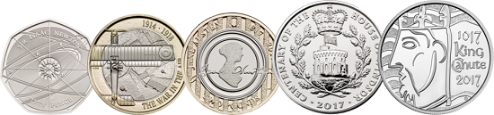 The second from the right is the new Centenary of The House of Windsor coin: Great Britain / 5 GBP / Cupro-Nickel / 28.28g / 38.61mm / Design: Jody Clark (obverse), Timothy Noad (reverse).