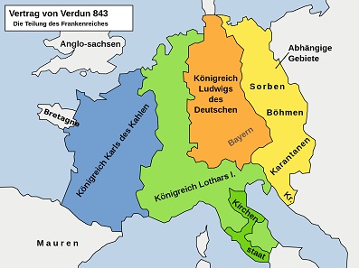 The division of the Carolingian Empire in the Treaty of Verdun. Source: Christoph S., Wolpertinger / CC BY-SA 3.0
