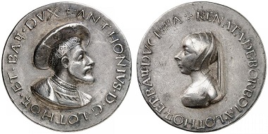 Lorraine. Antoine the Good, 1508-1534, with his spouse Renée de Bourbon-Montpensier, 1494-1539. Medal from Matteo del Massaro. From Grün sale 71 (2017), No. 1840. Estimate: 2,500 Euro