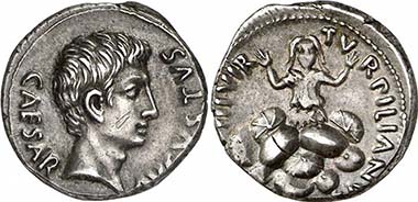 Augustus, 27 B. C. - A. D. 14. Denarius, 19 B. C., Rome. Mint master P. Petronius Turpilianus. Rev. TVRPILIANVS III VIR Tarpeia buried under a heap of shields. RIC 299. From auction Giessener Münzhandlung 180 (2009), 347.