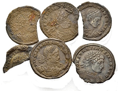 Multiple lot of miliarense fragments. March 317, Sirmium. The busts of Constantinus I resp. Constantinus II Caesar. From Münzen & Medaillen sale 45 (June 9, 2017), no. 1047.