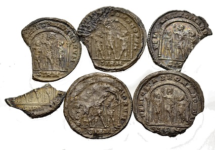Multiple lot of miliarense fragments. March 317, Sirmium. The busts of Constantinus I resp. Constantinus II Caesar. From Münzen & Medaillen sale 45 (June 9, 2017), no. 1047.
