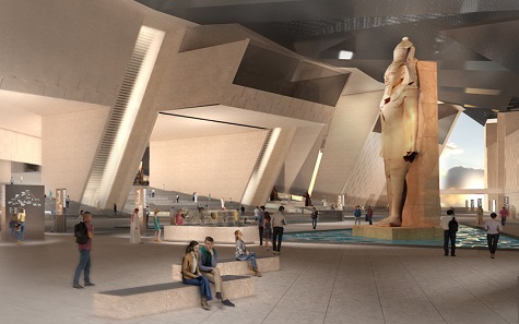 Conception of the atrium in the GEM – Grand Egyptian Museum. Image: Atelier Brückner.