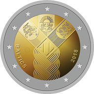 2 euro commemorative coin of the Baltic States: the Baltic “sisters” with plaited hair, designed by Justas Petrulis.