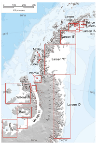 The ice shelves of the Antarctic peninsula, including the different Larsen sectors. Photo: A. J. Cook and D. G. Vaughan / Wikimedia Commons / CC BY 3.0
