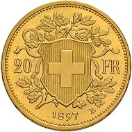 4893: Switzerland, Confederation. 20 Franks 1897 B. Pattern. Of the highest rarity. FDC. Estimate: 75,000 CHF. Result: 125,000 CHF.