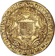 Lot 3164: Netherlands / Campen. Double rosenoble no date (1600). Imitation of the sovereign of English Queen Elizabeth. Very rare. Extremely fine. Estimate: 60,000 euros.