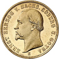 Lot 4170: German Empire. Saxe-Coburg-Gotha. Ernst II, 1844-1893. 20 marks 1872. The rarest of all gold coin types of the German Empire, in a fine grade. Almost FDC. Estimate: 75,000 euros. Hammer price: 116,000 euros.