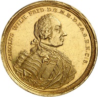 Lot 2715: Brandenburg-Ansbach. Carl Wilhelm Friedrich, 1729-1757. Gold strike of 12 ducats of the 2nd falkentaler. Unedited in this weight in gold. Extremely rare. Extremely fine. Estimate: 25,000 euros. Hammer price: 80,000 euros.