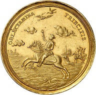 Lot 2715: Brandenburg-Ansbach. Carl Wilhelm Friedrich, 1729-1757. Gold strike of 12 ducats of the 2nd falkentaler. Unedited in this weight in gold. Extremely rare. Extremely fine. Estimate: 25,000 euros. Hammer price: 80,000 euros.