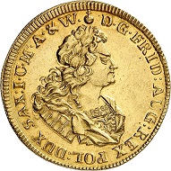 Lot 3153: Saxony, Albertine Line. Friedrich August I, 1694-1733. 5 ducats 1714, Gold strike of the 1/2 taler. Unedited! Extremely fine. Estimate: 30,000 euros. Hammer price: 68,000 euros.