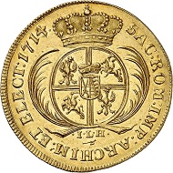 Lot 3153: Saxony, Albertine Line. Friedrich August I, 1694-1733. 5 ducats 1714, Gold strike of the 1/2 taler. Unedited! Extremely fine. Estimate: 30,000 euros. Hammer price: 68,000 euros.