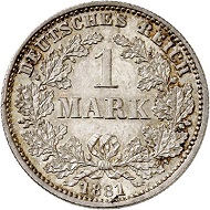Lot 309: 1 mark 1881 G. Fine patina. FDC. Estimate: 7,500 euros. Hammer price 13,000 euros.