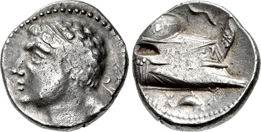 Punic Spain. Shekel, unknown Punic mint, c. 237-209. Male head with diadem (Hamilcar?), facing right. Rv. Prora facing right, dolphin below. From CNG auction sale, Triton XVIII (2015), No. 301.