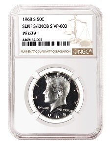 1968-S Half Dollar, SerifS-KnobS, numbered ‘VP-003’, graded PF67. Photo: copyright Numismatic Guaranty Corporation®.