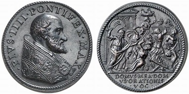 Pius IV (1559-1565). Medal. Rv. Jesus expels the traders from the temple. – This parable of the Counter-Reformation demands a return to a more simple church, in which offices and the accompanying benefices aren’t the center of attention. From Heidelberger Münzhandlung Herbert Grün sale 48 (2007), 721.
