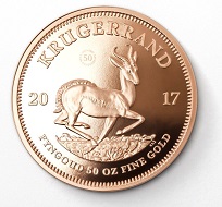 The flagship of the anniversary range: the 50-ounce Krugerrand gold coin (reverse).
