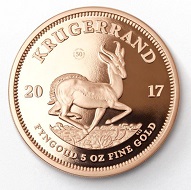 The 5-ounce Krugerrand in gold (reverse).