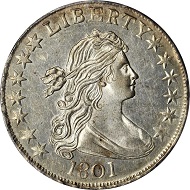 Lot 11143: 1801 Draped Bust Half Dollar. O-101, T-2. Rarity-3. MS-60 (PCGS). Secure Holder. Realized: $70,500.