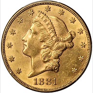 Lot 11470: 1881 Liberty Head Double Eagle. AU-58 (PCGS). Realized: $88,125.