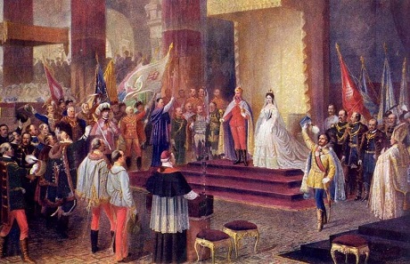Coronation of Emperor Franz Joseph and Empress Elisabeth of Austria as King and Queen of Hungary, on June 8, 1867, in Buda, the capital city of Hungary.