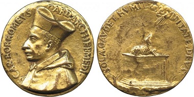 Charles Borromeo. Medal, 1601-1610. Charles Borromeo in the priestly attire with biretta. Rv. Lamb on altar. Inscription SOLA GAVDET HVMILITATE DEVS (= God is only pleased by humility). From Baldwin sale 64 (2010), 597.