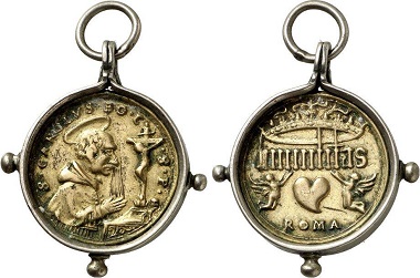 Cast bronze pendant with the image of Saint Charles Borromeo, immersed in praying in front of a cross. Fom the Jaggi Coll., Gorny & Mosch sale 226 (2014), No. 3053.
