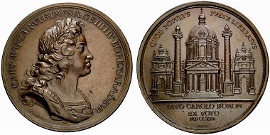 Charles VI, 1711-1740). Bronze medal 1716 by Richter and Waron on St. Charles Church, devoted to Charles Borromeo. Rv. View of the church. Based on his conduct, Charles Borromeo was considered a ‘plague saint’. When the plague was raging in Vienna, Charles VI pledged to erect a church if the disease would come to an end. From Rauch sale 88 (2011), 830.